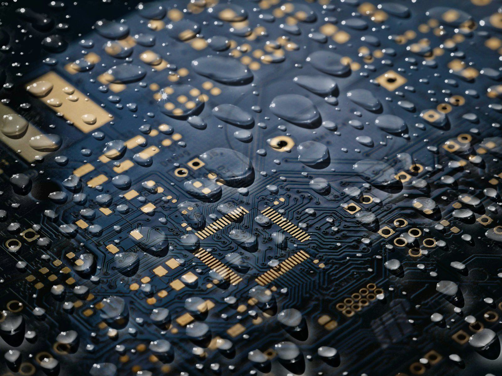 Water droplets beading on a circuit board